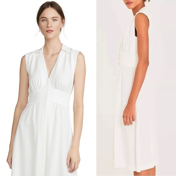 BA&SH Ivory Crepe Sleeveless Shirt Collar Gathered Button Front Midi Dress XS - Picture 4 of 14